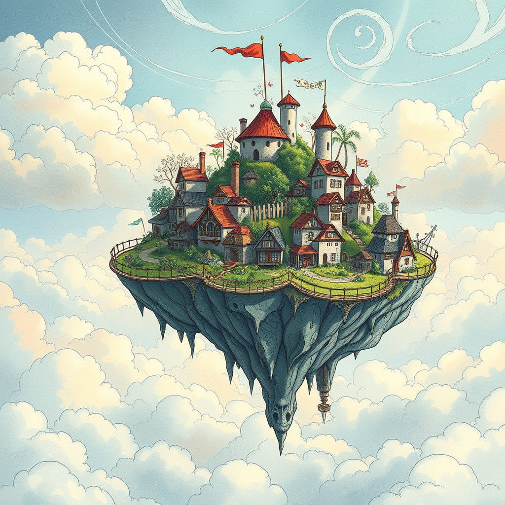 Whimsical Floating Island Village in Dreamlike Concept Art