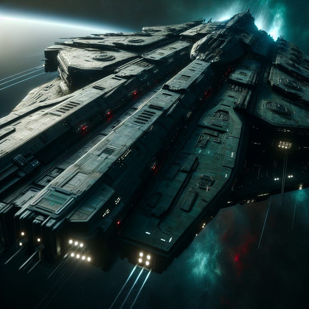 Dark Green Spaceship Looms in Deep Space