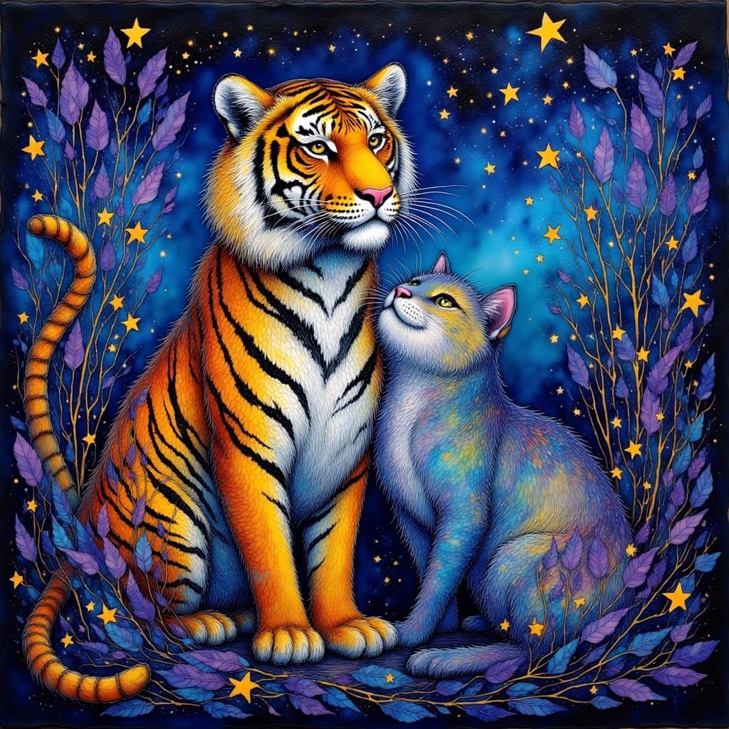 Tiger and Cat in Starry Sky as Impasto Painting