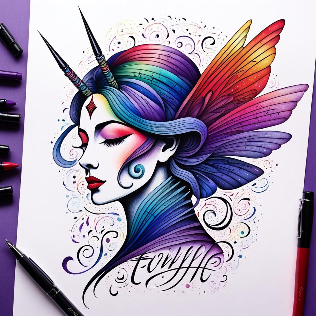 Rainbow Calligraphy Scene in Surrealist Fantasy Style