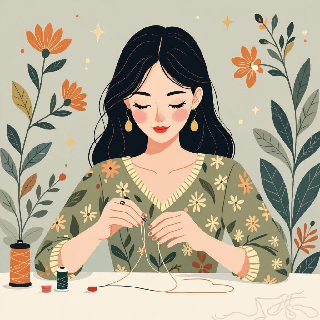 Woman Sewing with Delicate Needle in Illustration Style