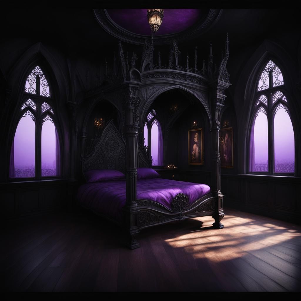 Inside a tiny Gothic house that is spacious and comfortable with purple walls black accents and Beautiful upstairs area ...