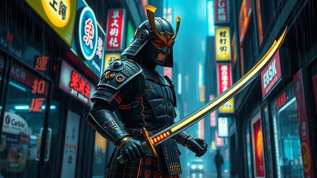 Cyberpunk Samurai in Neon Alley with Glowing Katana