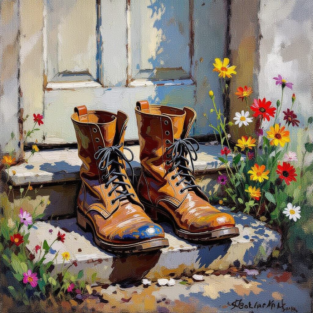 Leather Boots on Doorstep in Neo-Impressionist Style