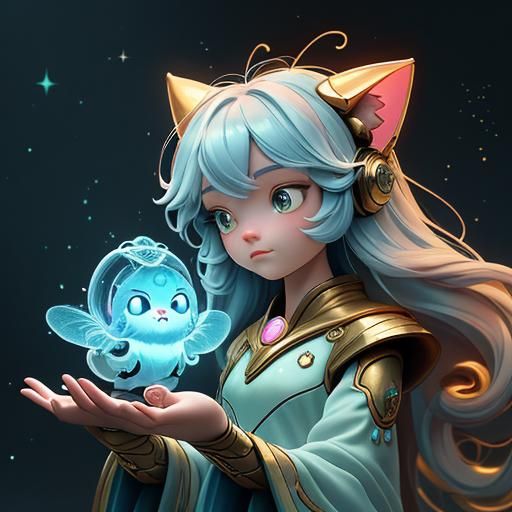 Wizard Rides Robotic Cat in Ethereal Forest