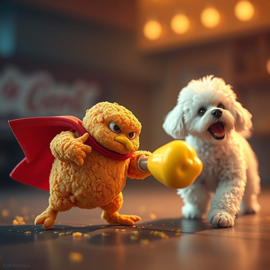Whimsical Superhero Chicken Nugget Engages in Hilarious Batt...