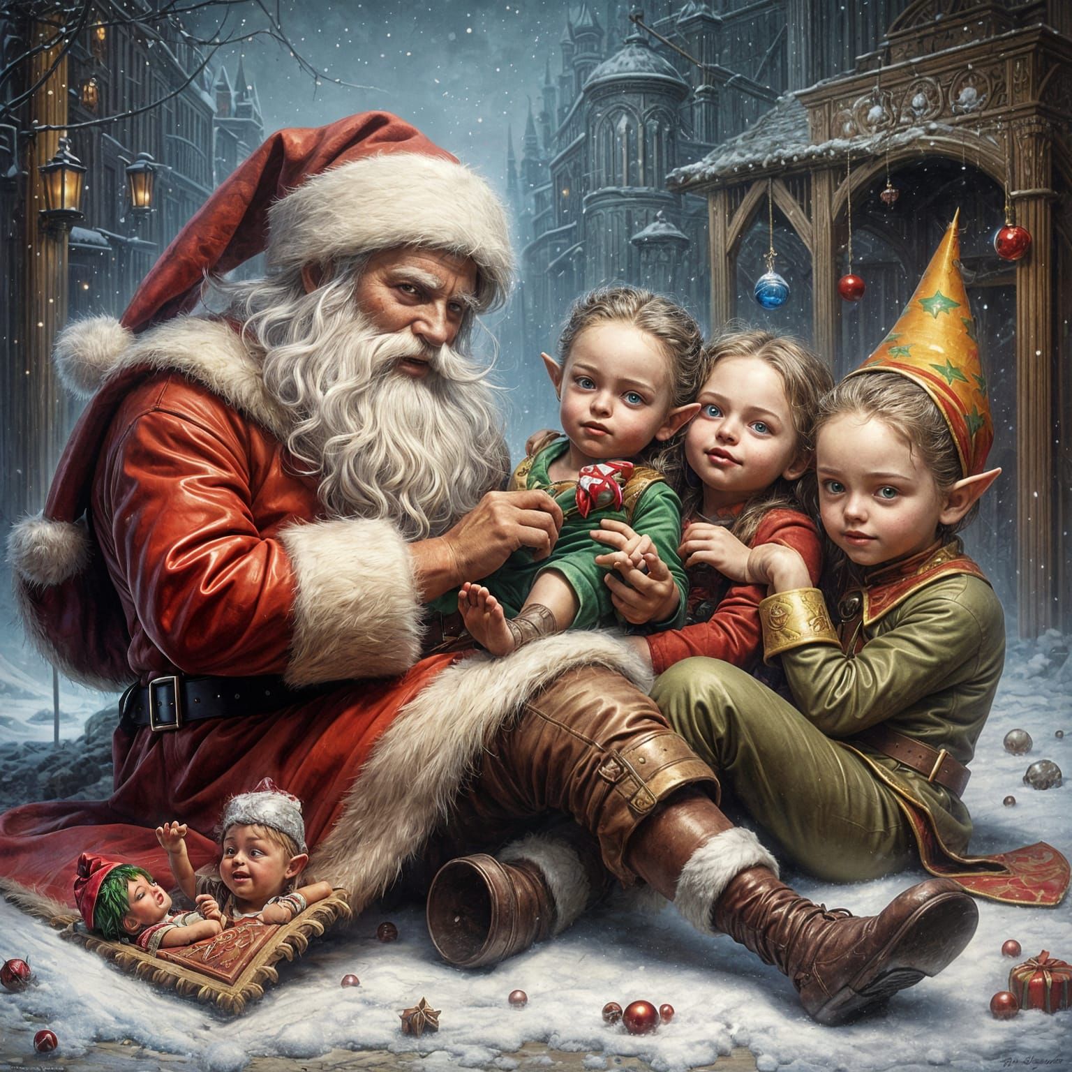 Surreal Santa Illustration in Comic Book Style with Oil Pain...