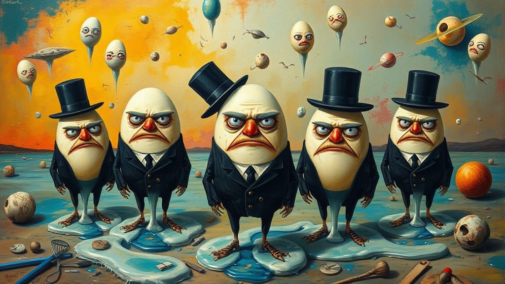 Surrealist Angry Eggs in Dreamlike Melting Landscape