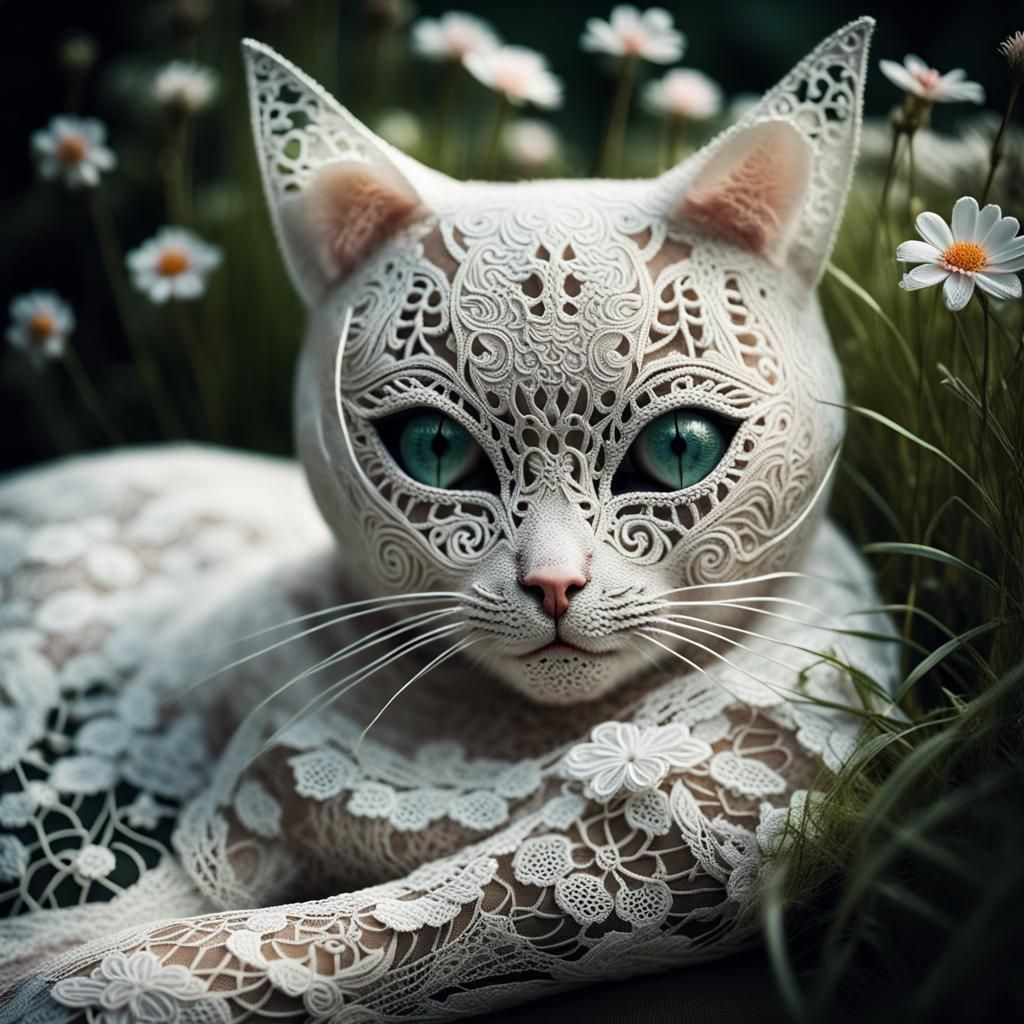 Intricate Lace Cat in Whimsical Lace Garden