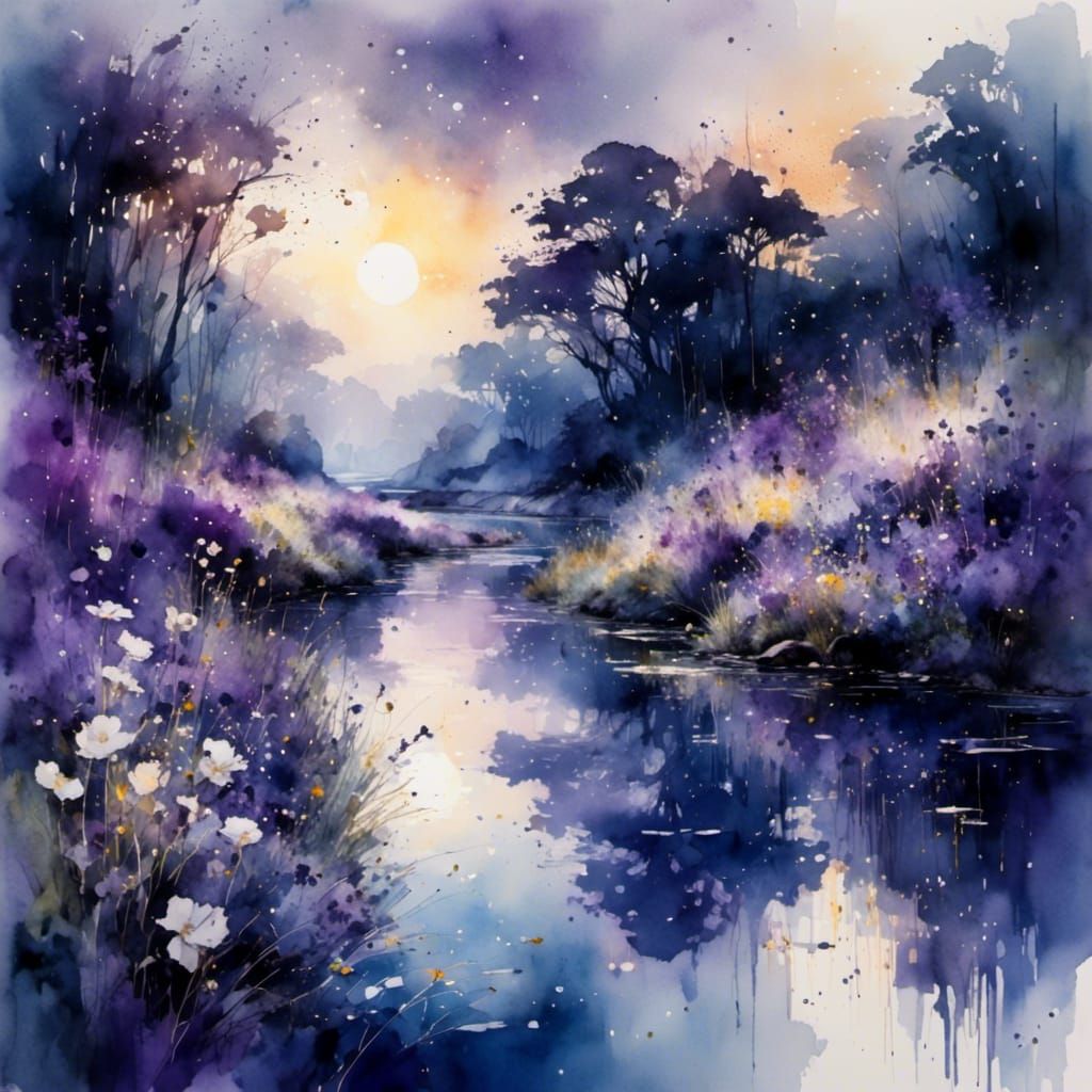 Lush Night Summerscape in Watercolor Style