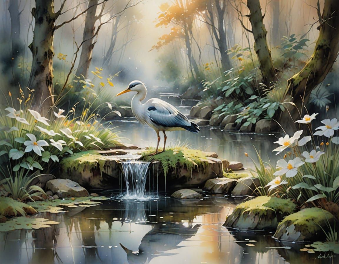 Waterbird Perched on Mossy Stone in Dreamlike Watercolor