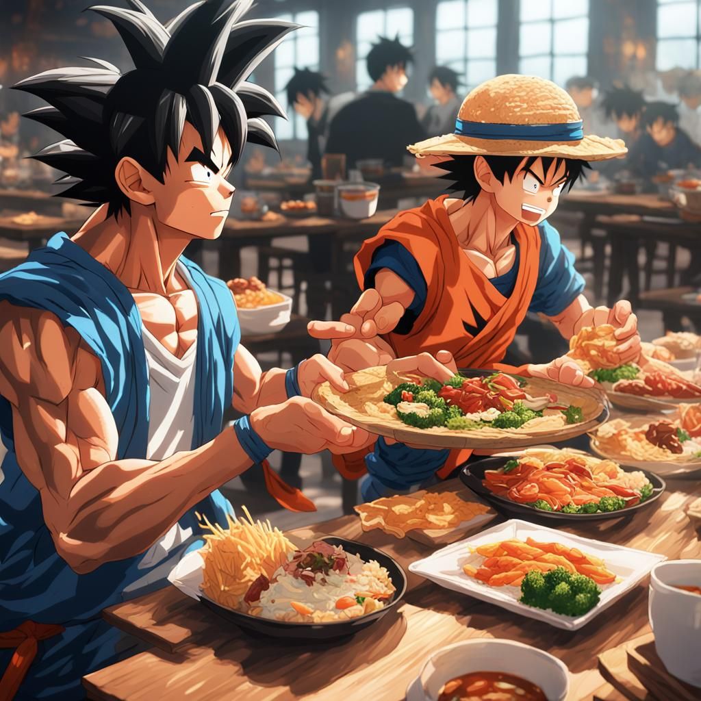 Goku vs Luffy: Epic Eating Competition in Anime Style