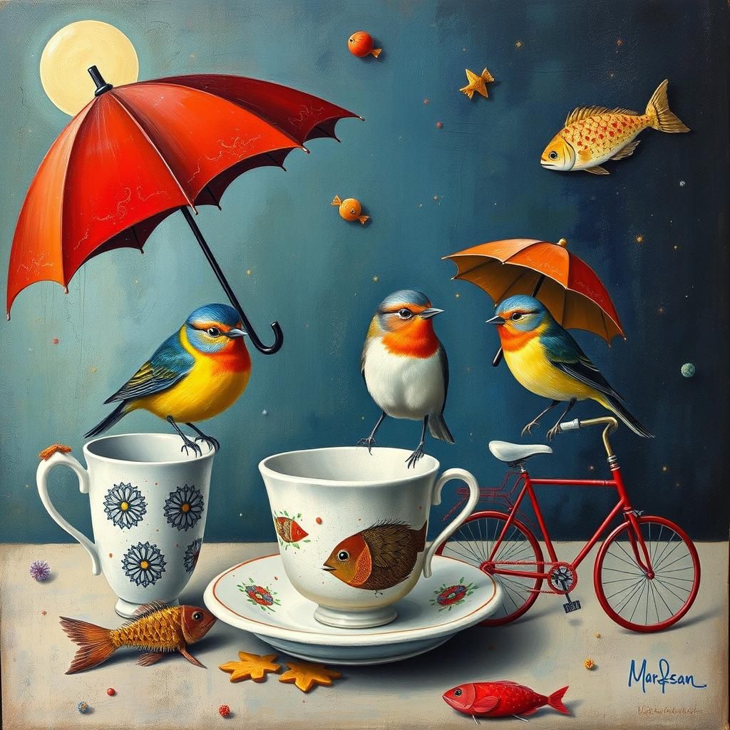 Surreal Birds and Teacups, Modern Art Style