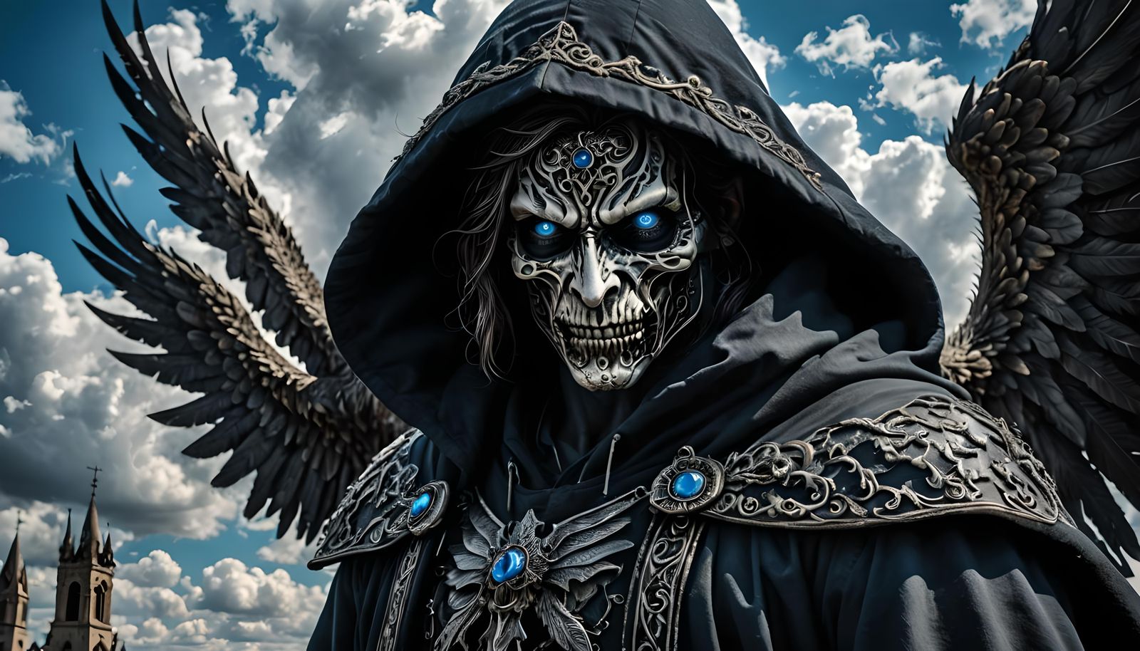 Hooded Angel of Death with Vivid Blue Eyes