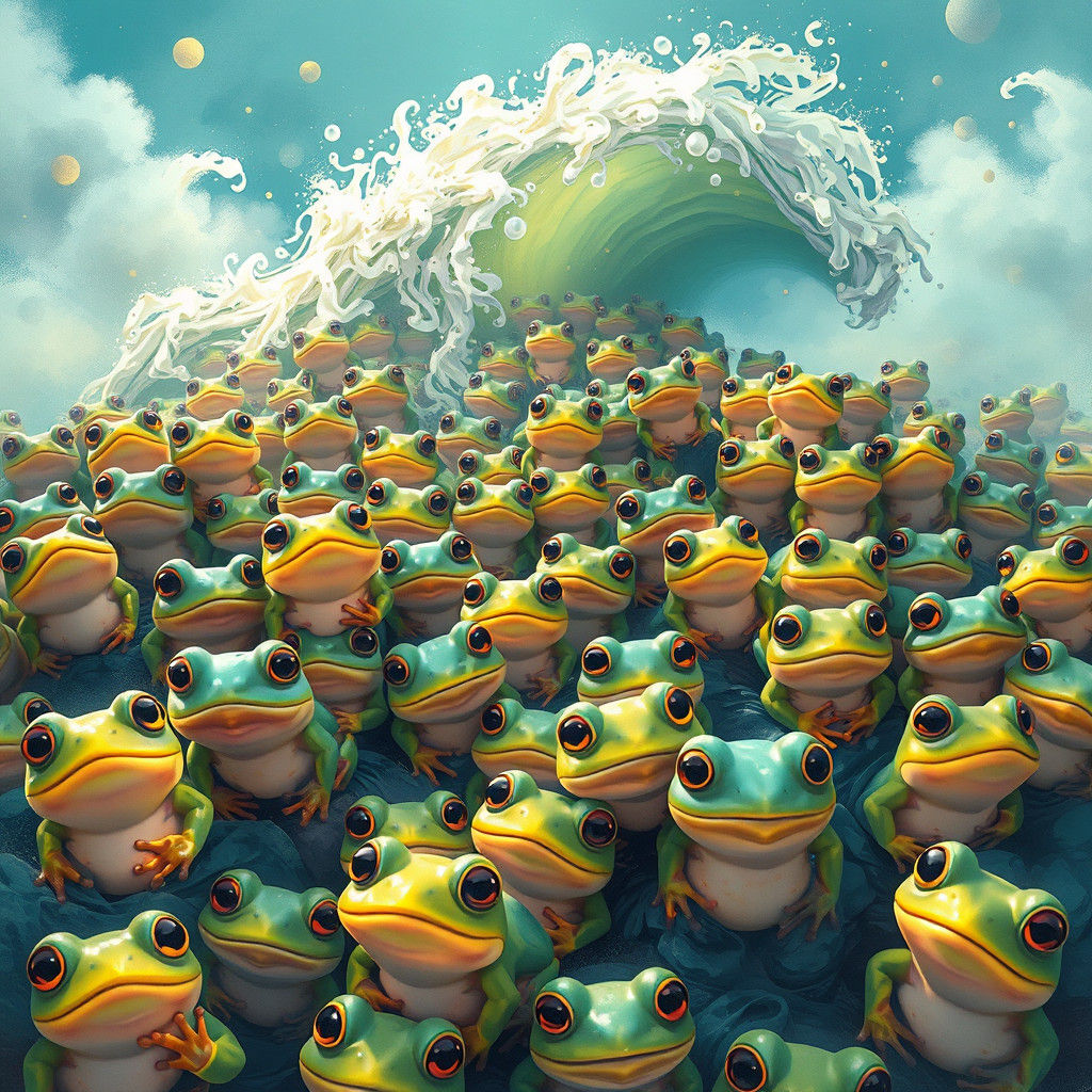 Animated Frog Tsunami in Watercolor-Inspired Style