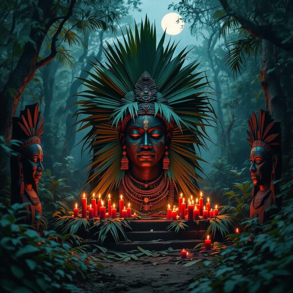 Ekwensu Shrine in Moonlight, Vibrant Forest