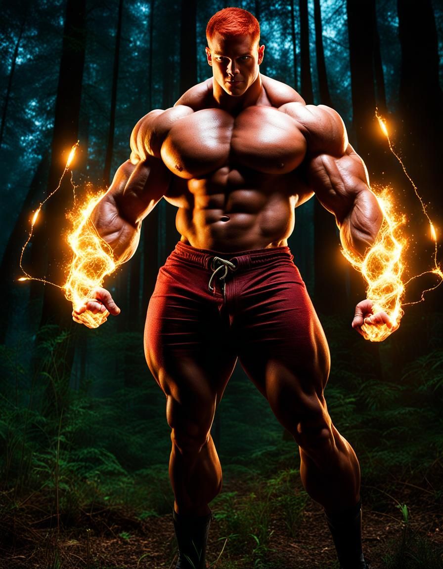 Redhead Bodybuilder in Magic Forest at Night