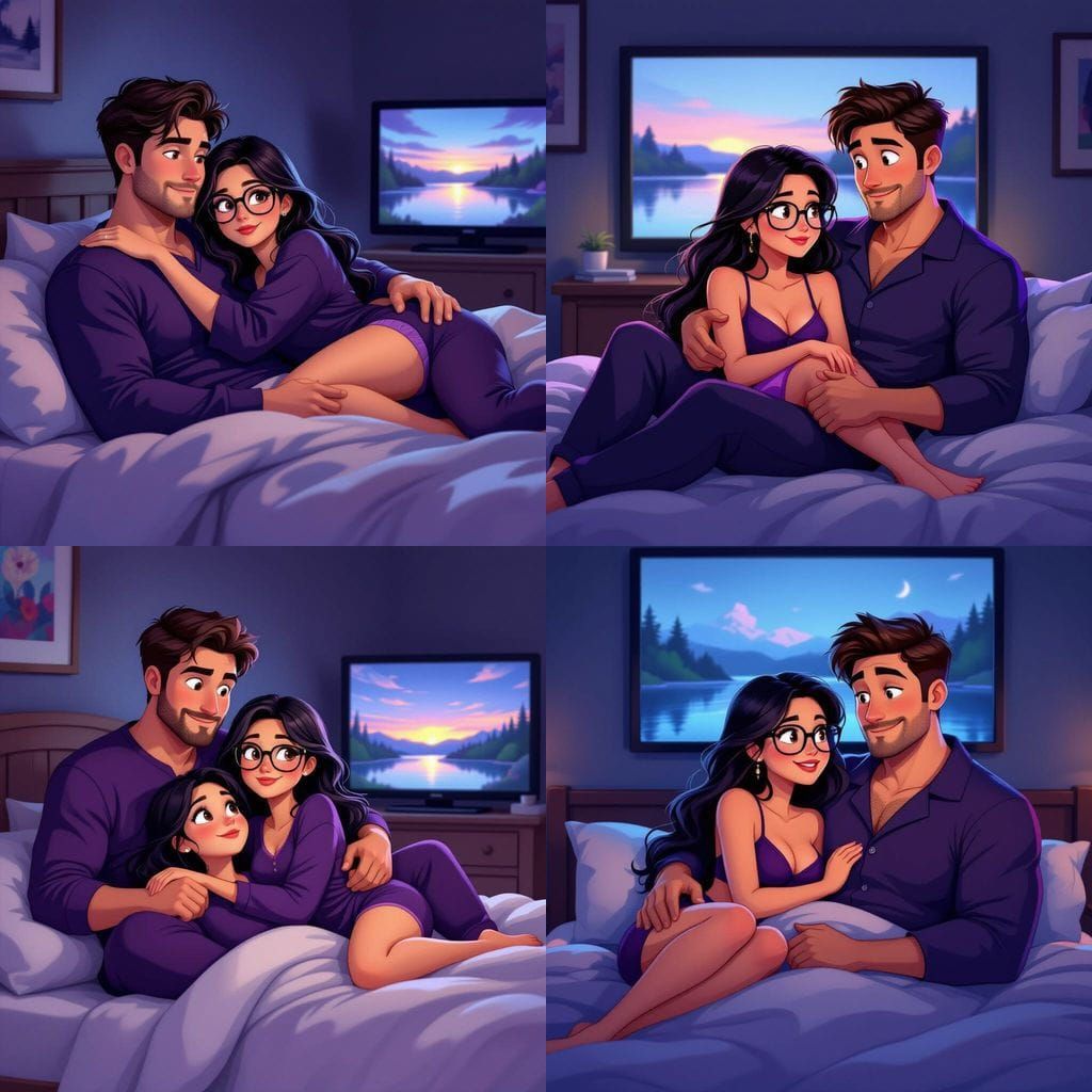 Animated Couple Watching Movie in Bed