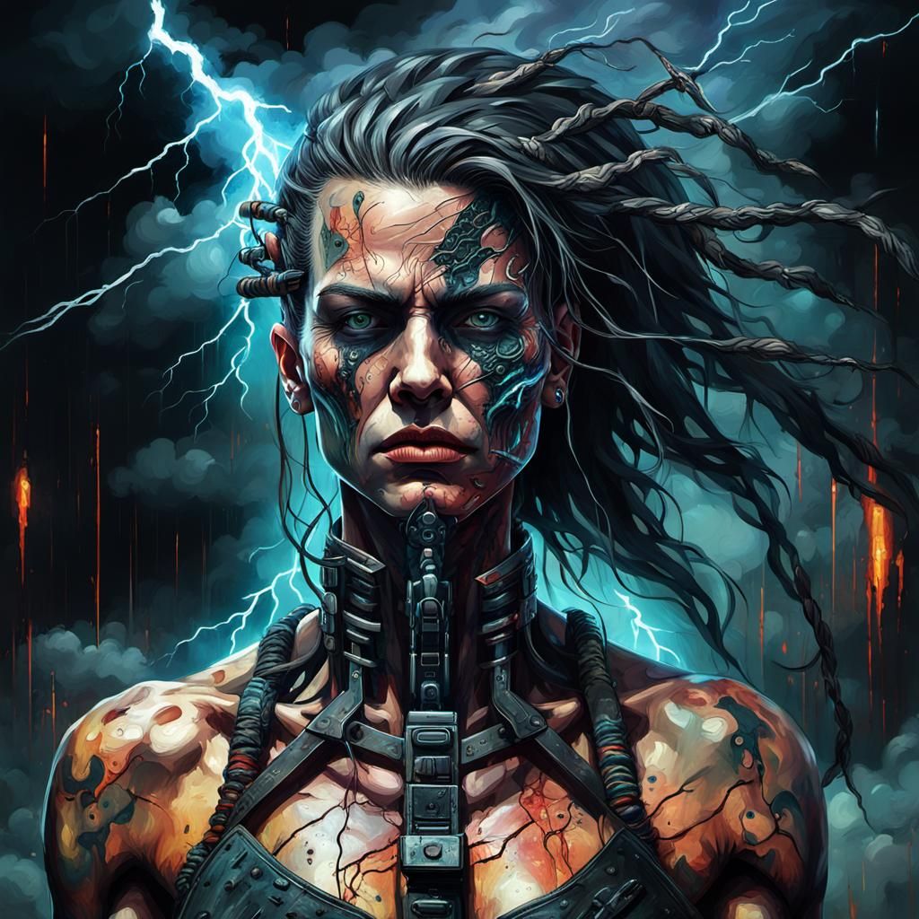 Cyberpunk Goddess with Sword in Impasto Style
