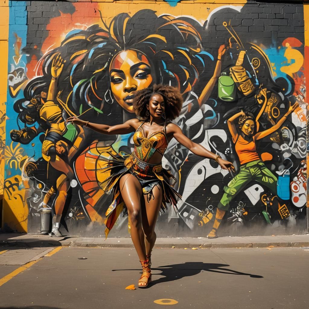 Stunning Black Woman Dancing Samba in Urban Street Art Kobra...