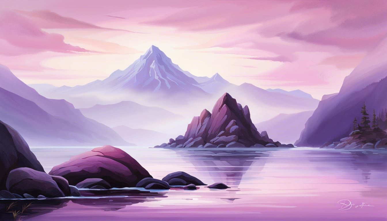Calm Ocean Landscape with Mountain in Soft Hues
