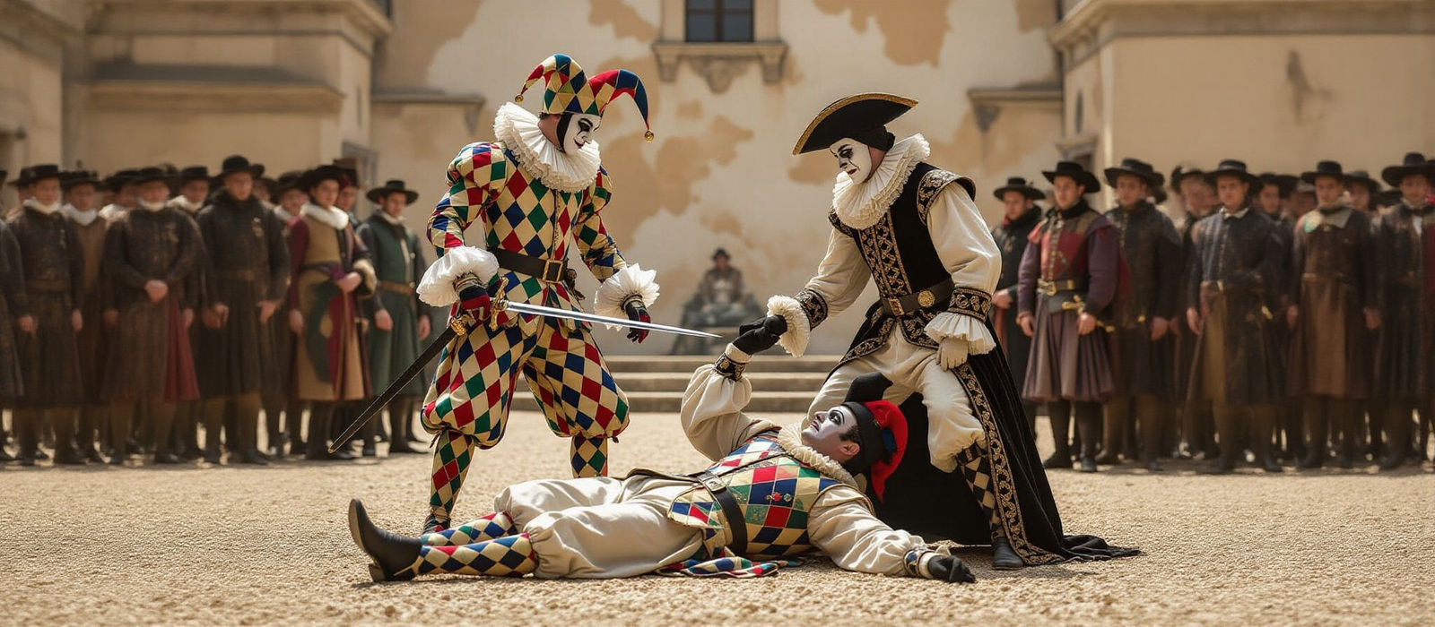 Renaissance Duel: Harlequin and Pierrot in Moody Film Style