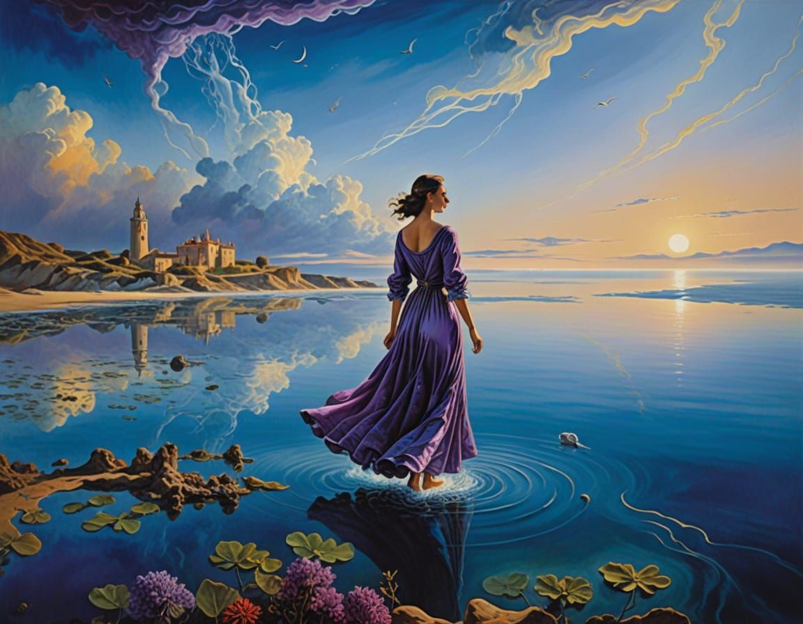 Surrealism in Golden Light: Serene Woman at Sea's Edge