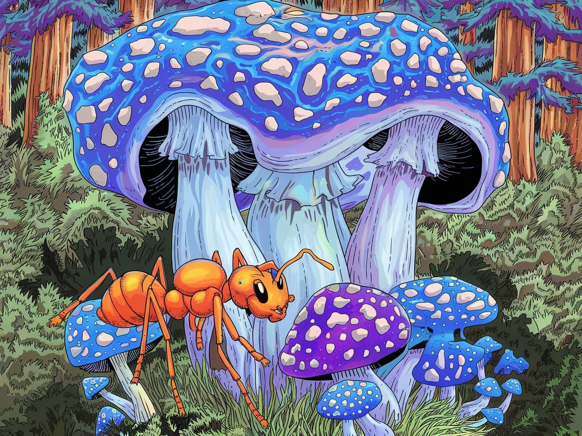 Psychedelic Magic Mushroom with Orange Ant