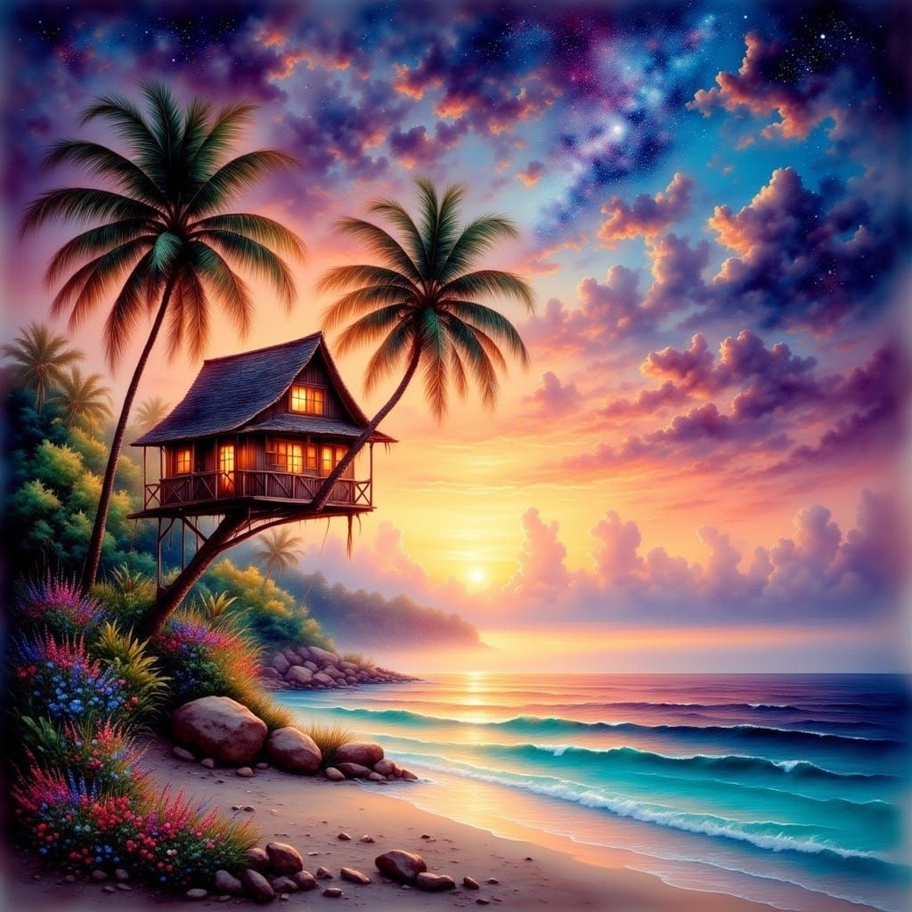 Dreamy Tropical Sunset in Watercolor Style