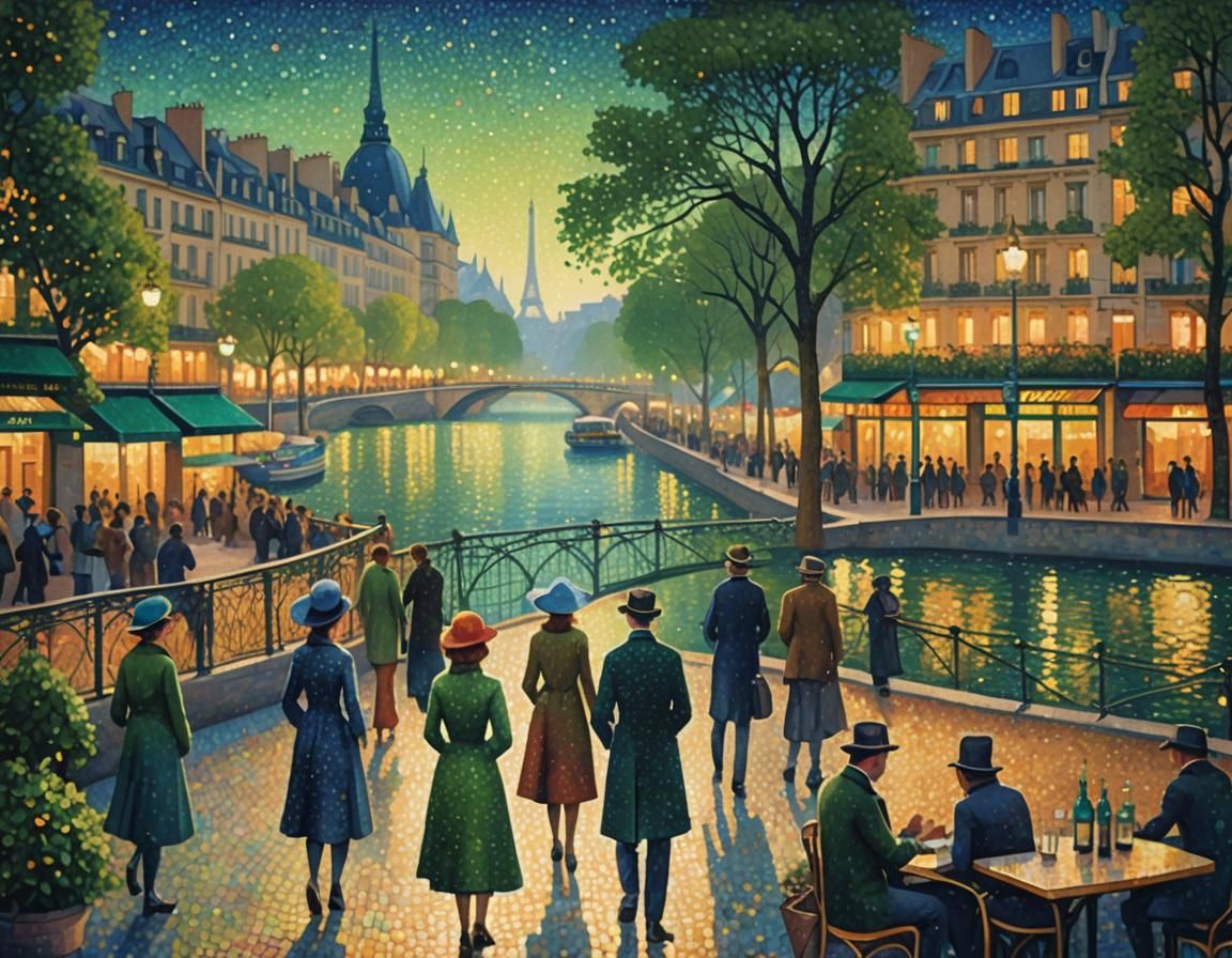 Pointillist Parisian Cityscape in Seurat Style