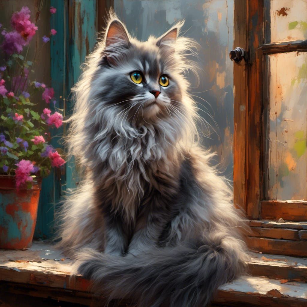 Gray Cat Standing at a Windowsill in Splash Art Style