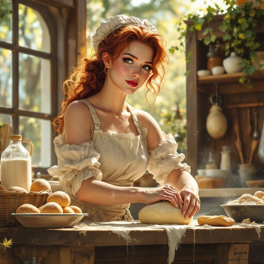 Redhead Baker Kneading Dough in Solarpunk Kitchen