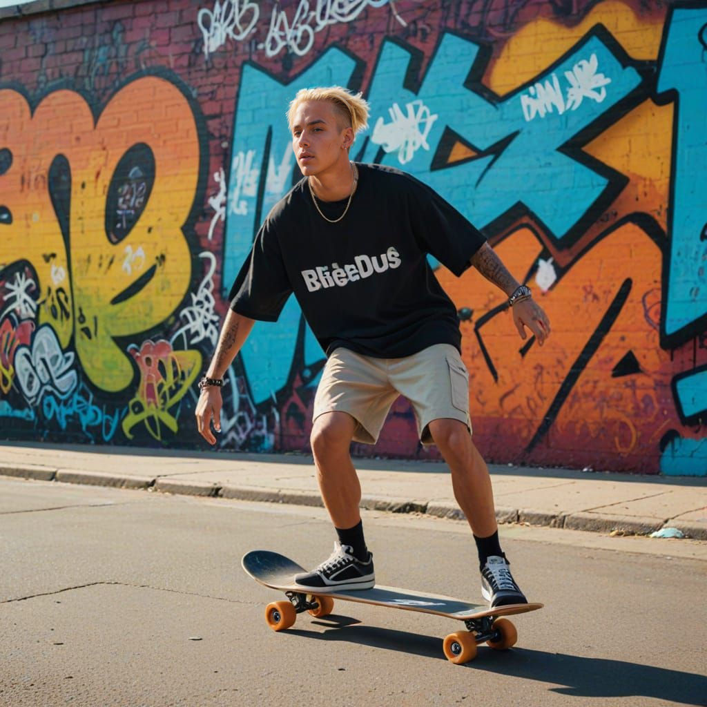 Blonde Rapper Rides Skateboard in Vibrant Graffiti Alley