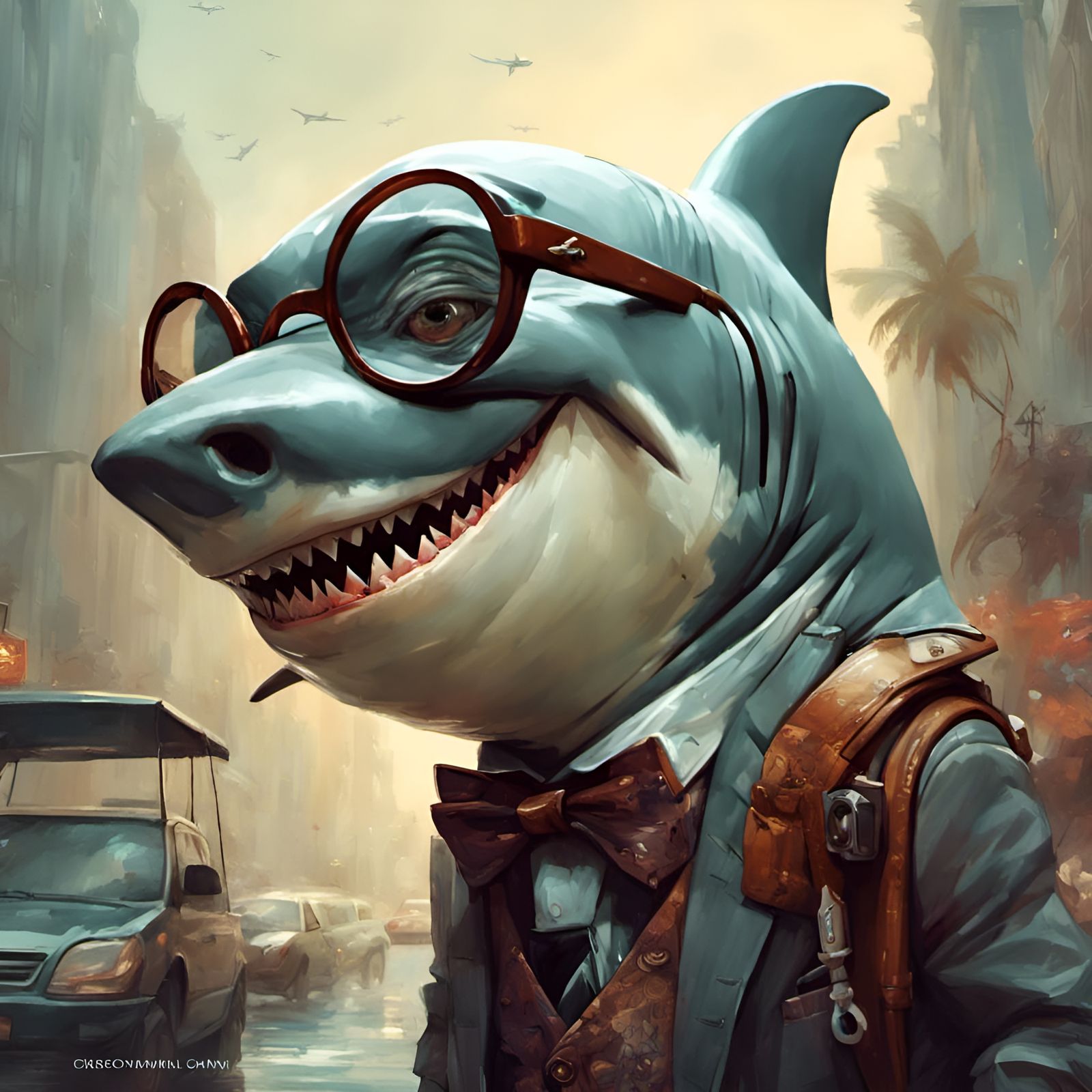 Grumpy Shark Grandpa in Maximalist Style