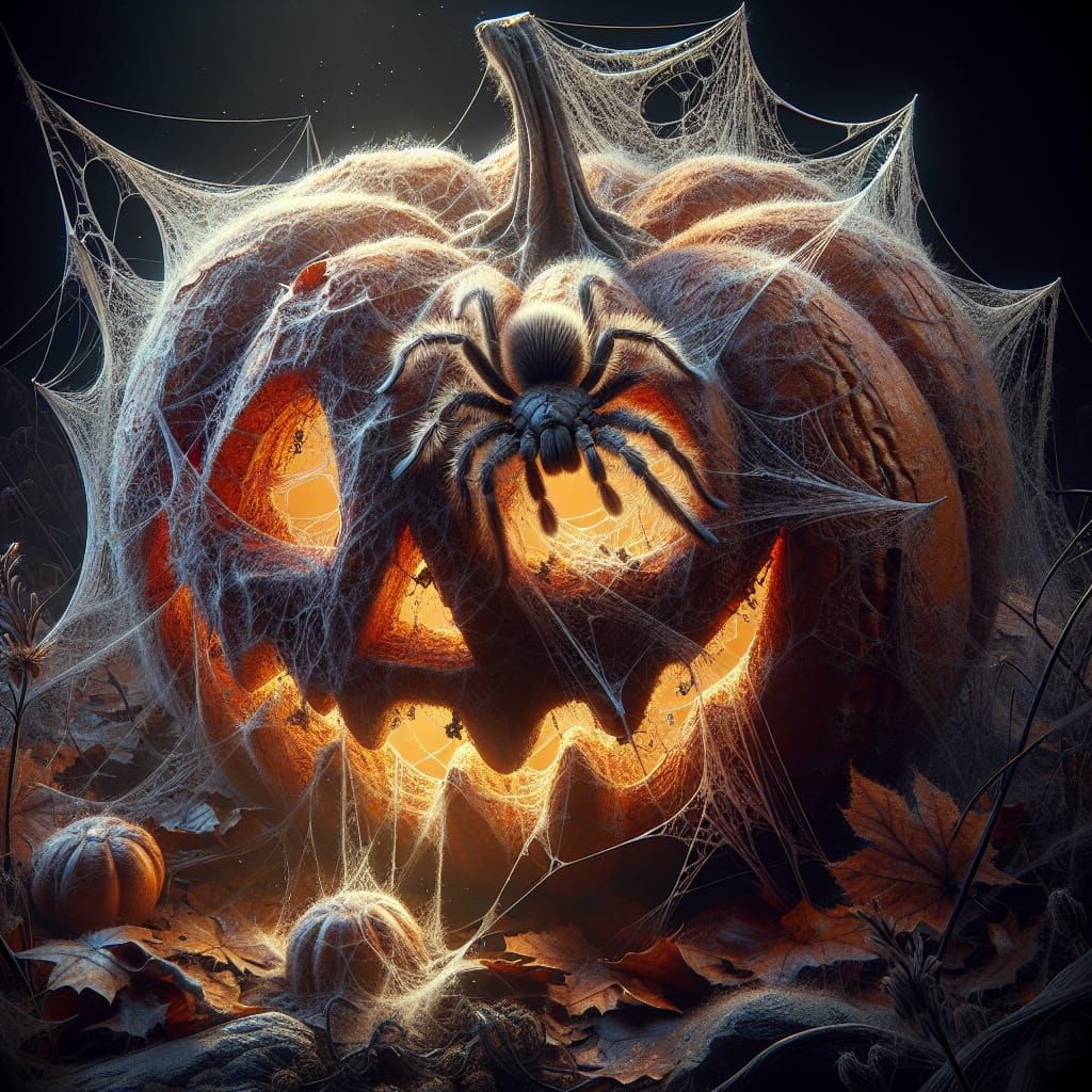 Eerie Macro: Tarantula Emerging from Glowing Jack O'Lantern