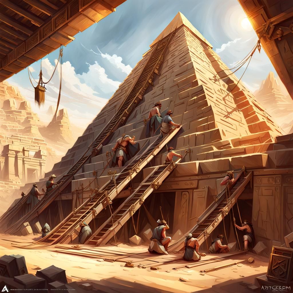 Pyramid Construction: Ancient Workers in Sunlit Detail