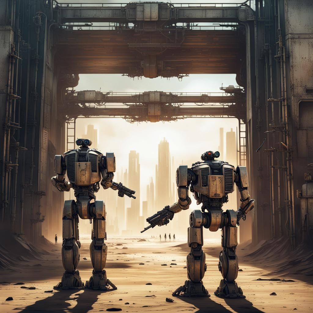 Military Robots Guarding Futuristic Construction Zone