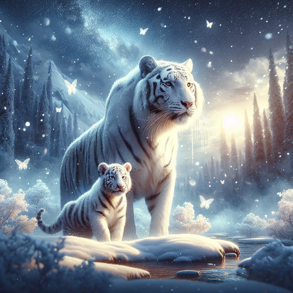 Majestic White Tigress and Cub in Snowy Scene