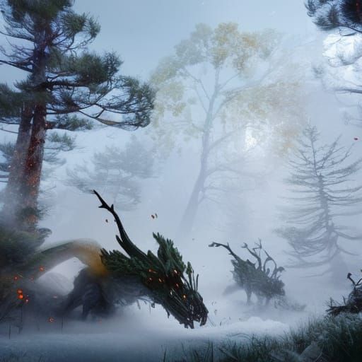 Blizzard Rages Through Forest: Detailed Digital Art