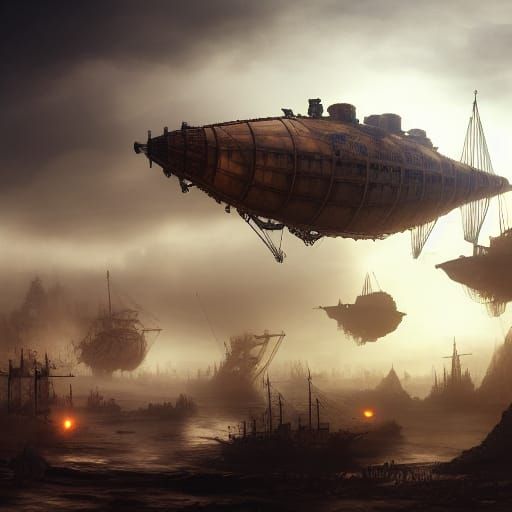 Steampunk Airships Battle in Ruined City