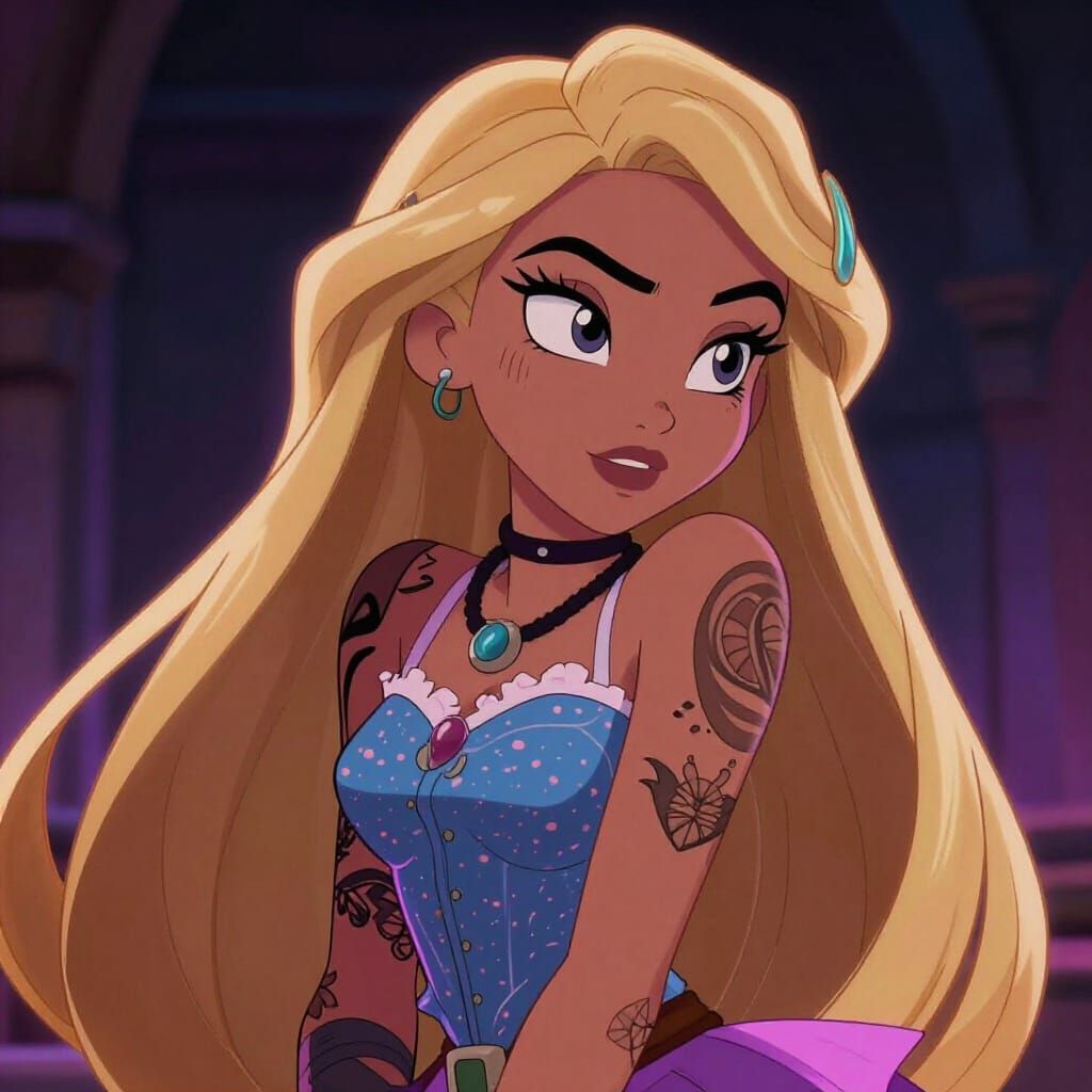 Tattooed Rapunzel Exudes Rebellious Attitude in Cartoon Styl...