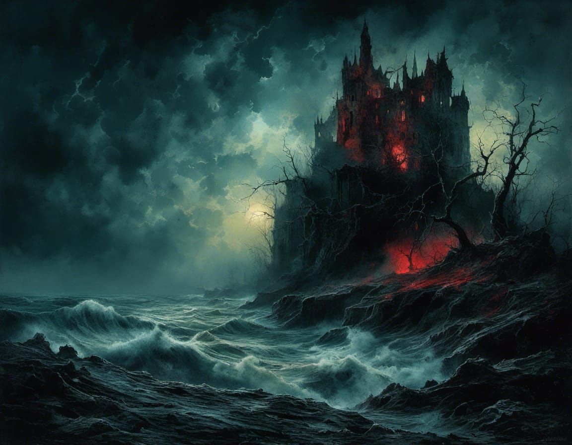 Ruined Fortress Levitating Over Stormy Sea