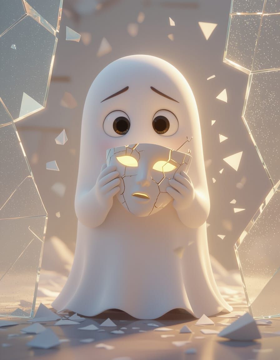 Pixar Ghost Nervously Holds Cracked Porcelain Mask