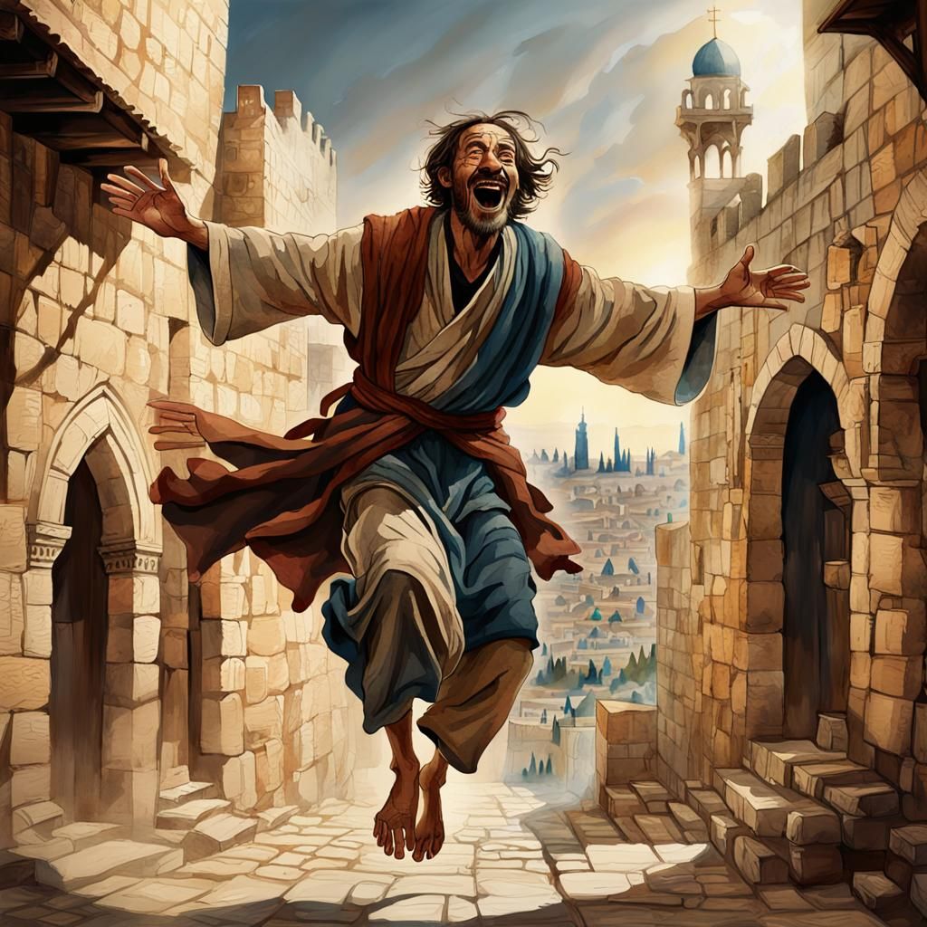 Joyful Beggar in Ancient Jerusalem, Watercolor-Inspired Digi...