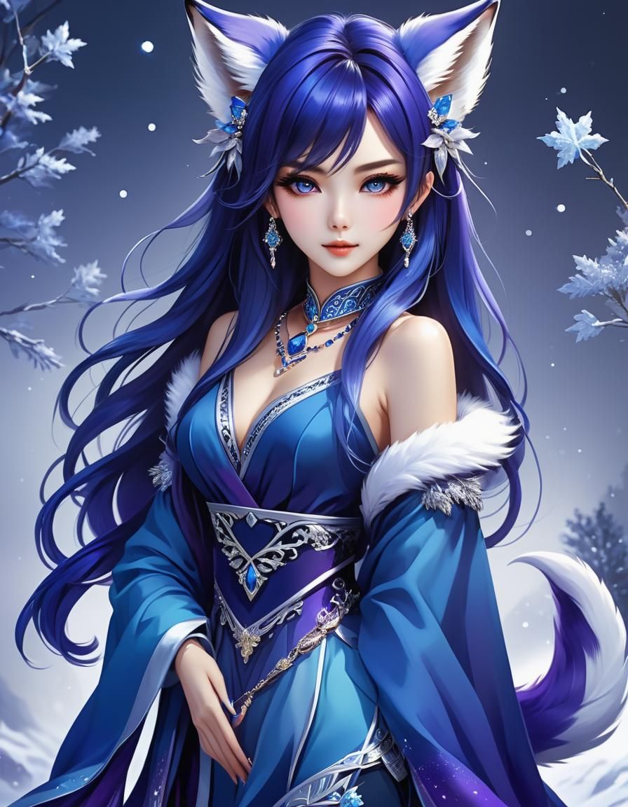 Anime Fox Girl with Silver Jewelry in Winter Setting