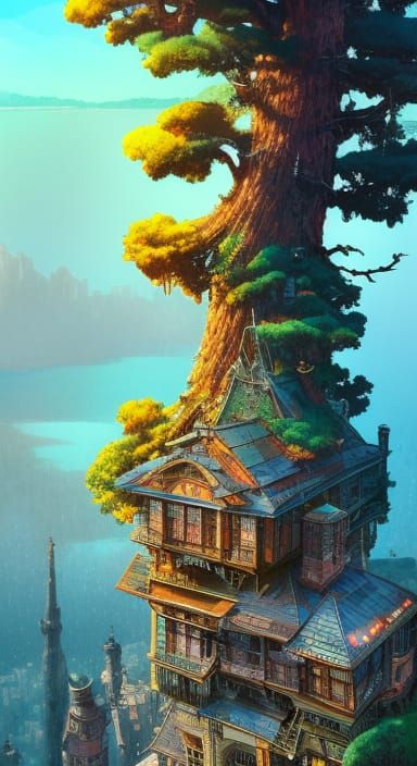 cute victorian city on top of epic tall mountain at the lake!!! ancient tree!!", hyperdetailed digital illustration by Y...