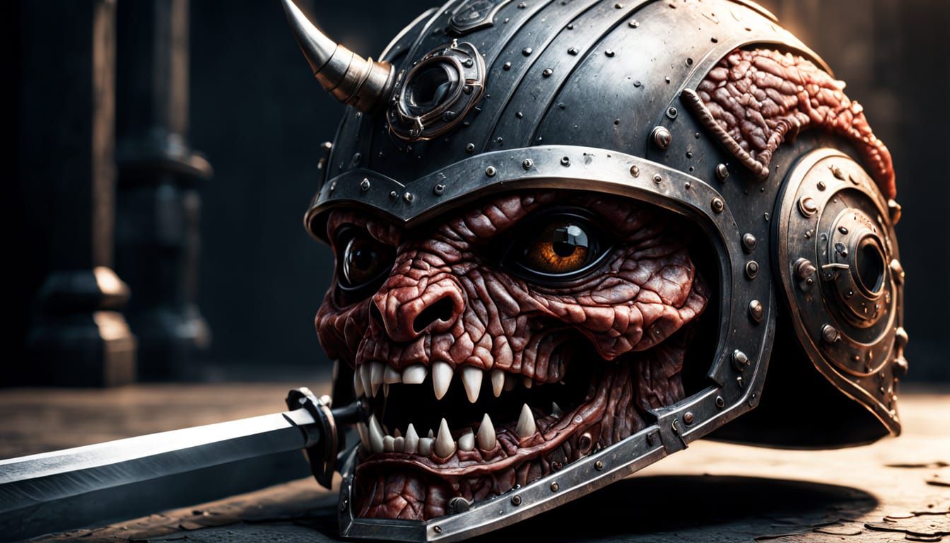 Hyperrealistic Meat Cube Helmet With Eye and Sword