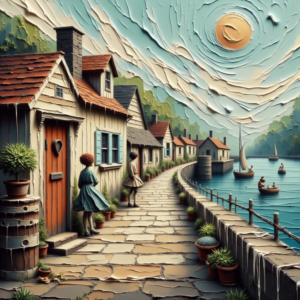 Quaint Harbor Village in Kinkade Style