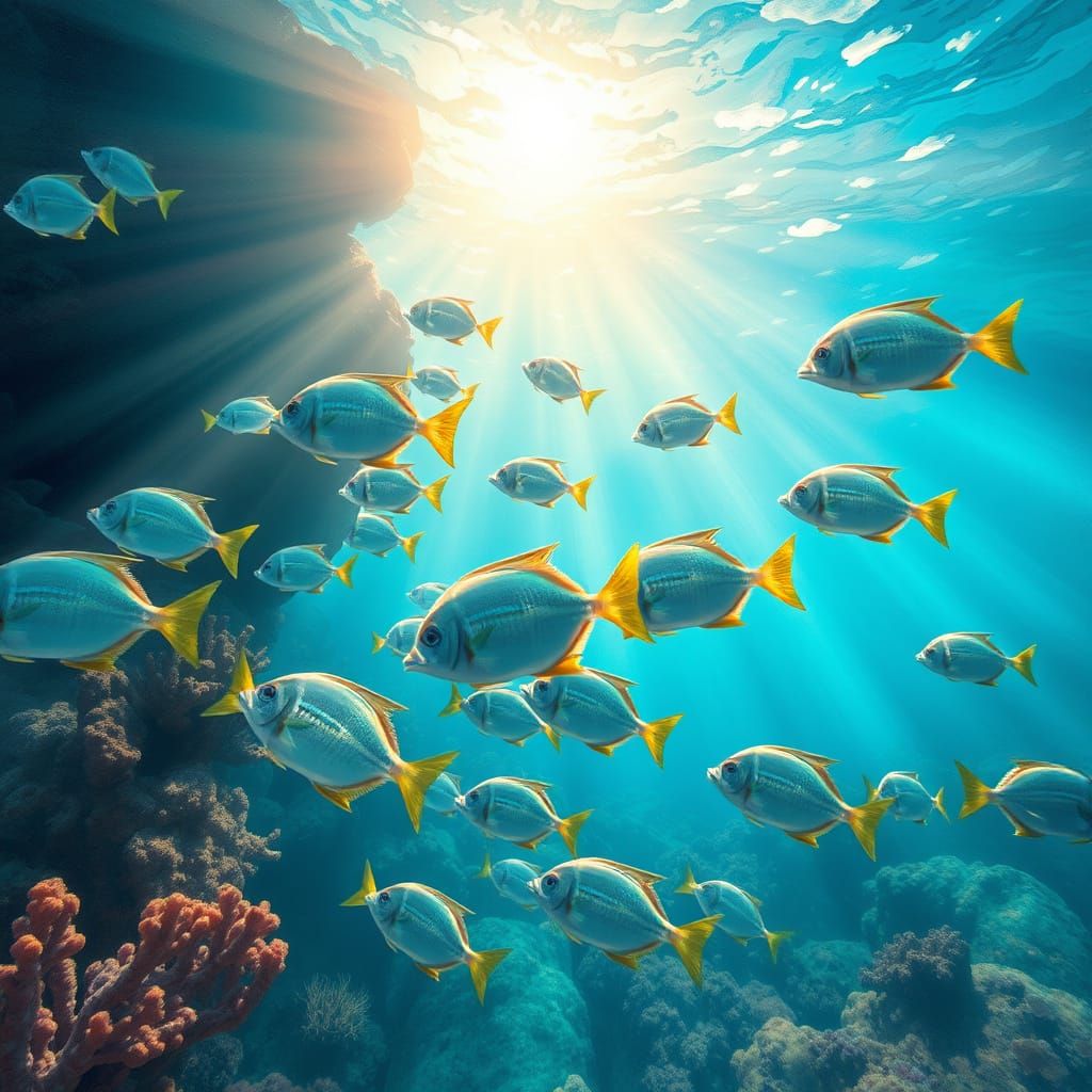 Surreal Underwater Scene with Shimmering Fish and Coral Reef...