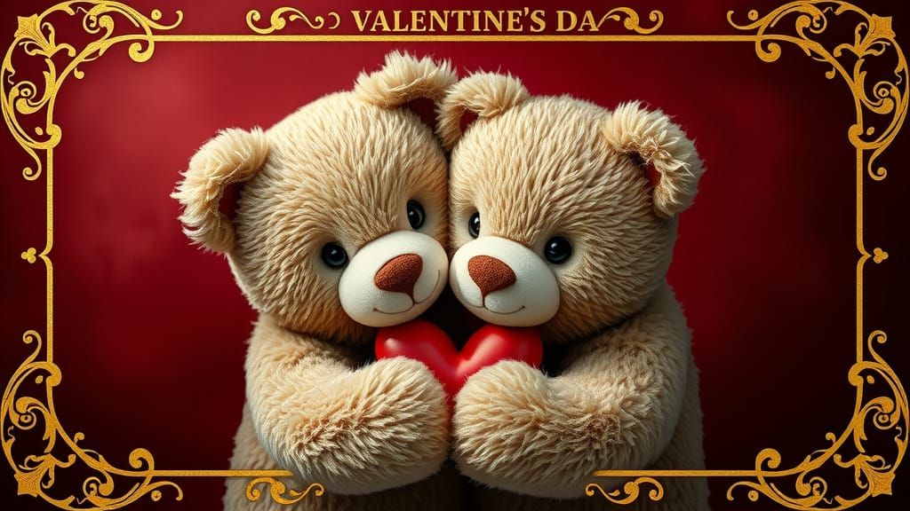 Cinematic Teddy Bears Hug in Luxurious Gold Frame